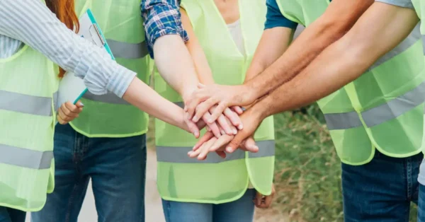 Five construction workers, wearing reflective vests, put their hands together to signify agreement of an ESOP, which gives workers ownership interest in the company through stock shares.