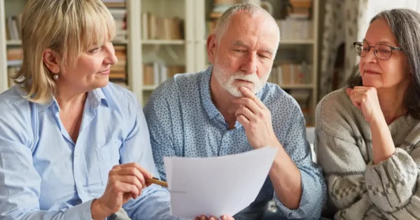 Two women and one man sitting on a sofa looking over a document - to represent that they recently inherited an IRA from deceased parents.