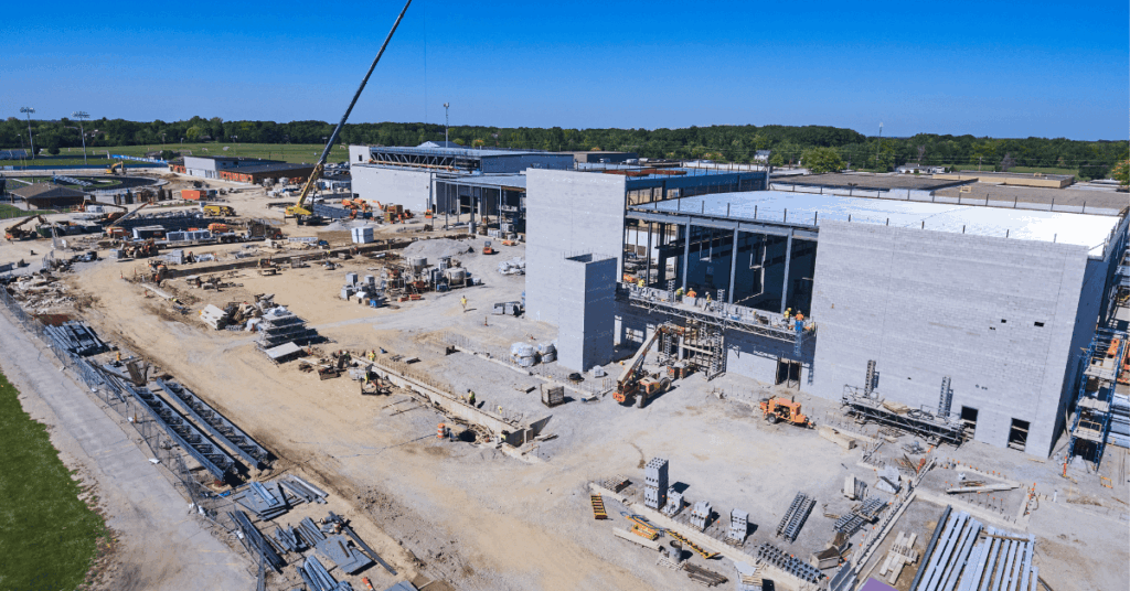 Arial view of larger industrial construction site.