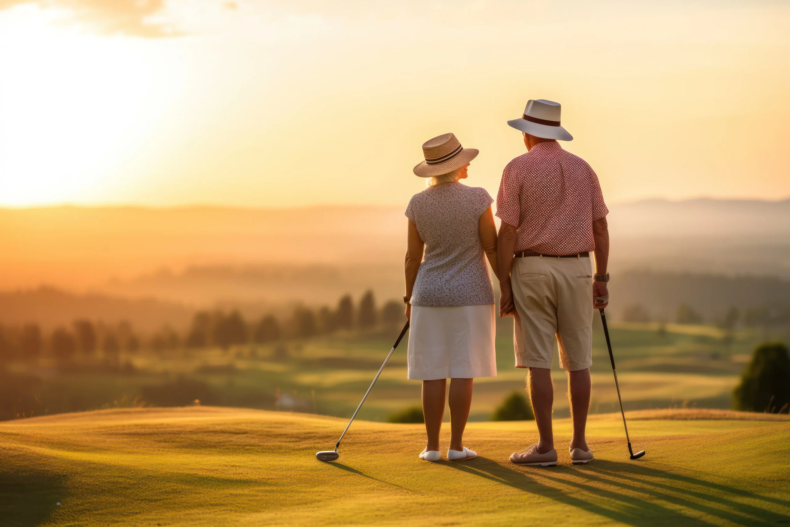 A couple golfing at sunset.