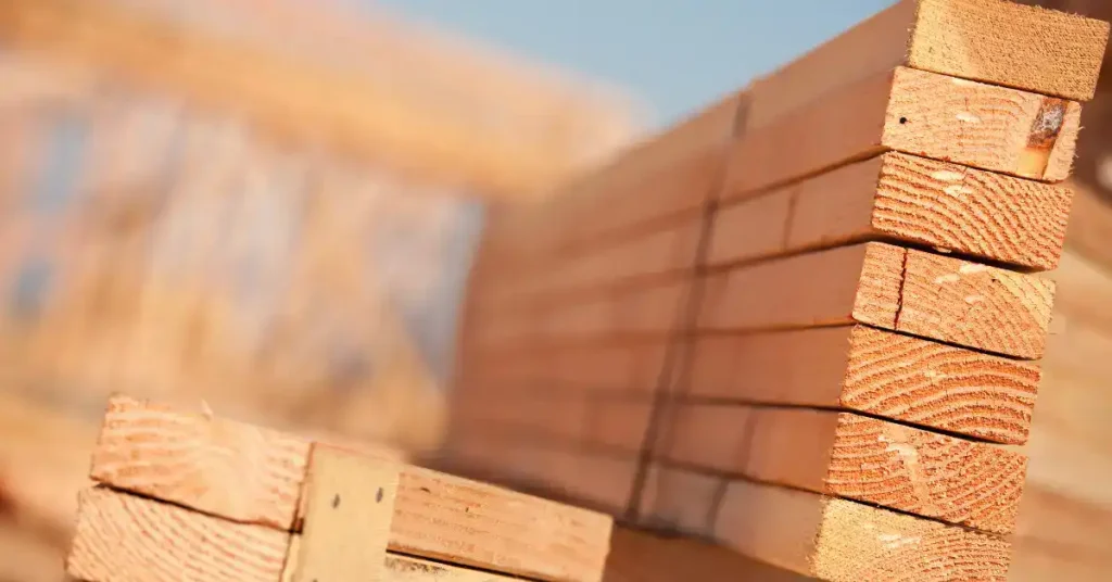 Large pile of 2x4s sitting on a construction site, with blue sky in the background