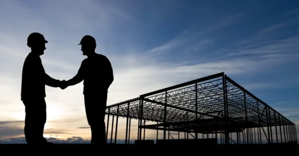 This image shows two men shaking hands at a construction site at sunset. The men are wearing hard hats and can only be seen in shadow.